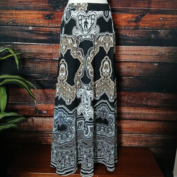 Mix Nouveau Maxi Skirt M Full Flowy Boho Lined Black White Gold Stretch - Picture 2 of 9